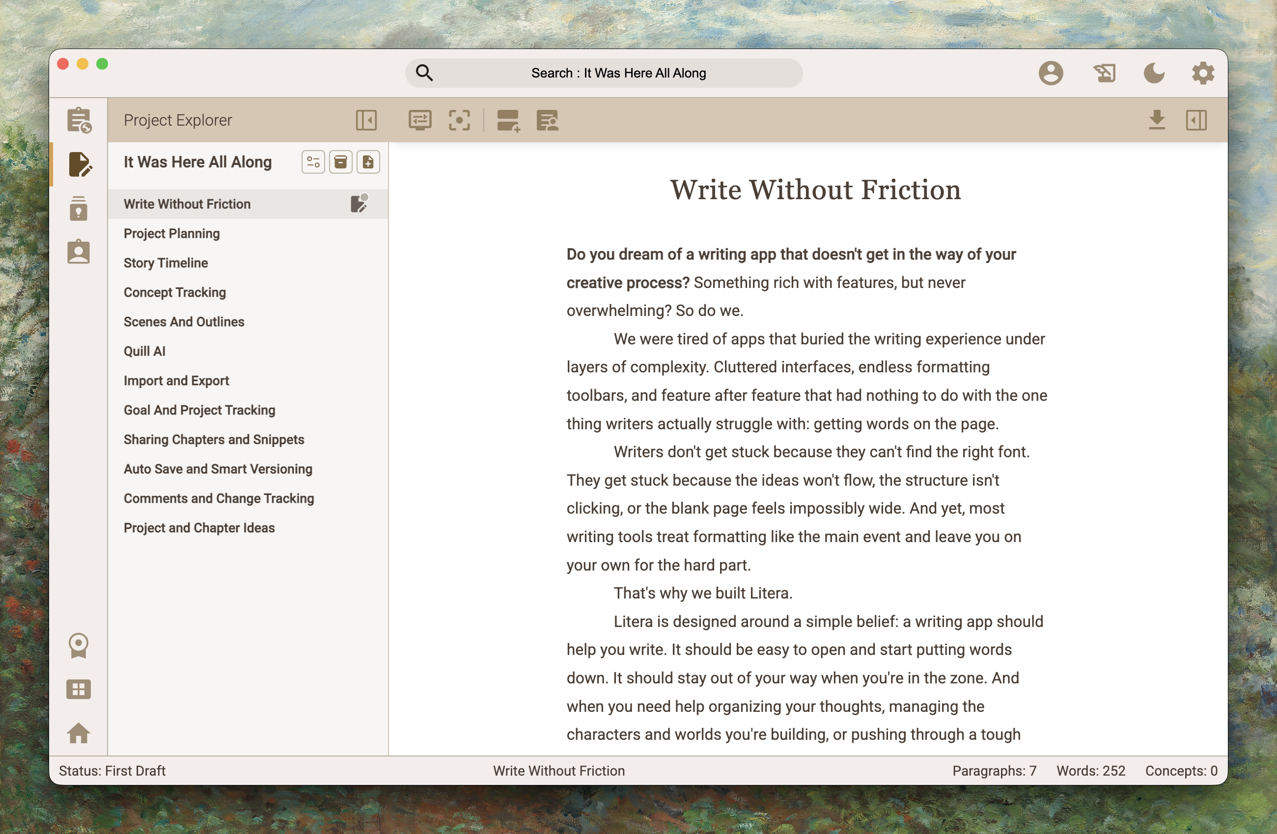 Litera app editor in focus mode