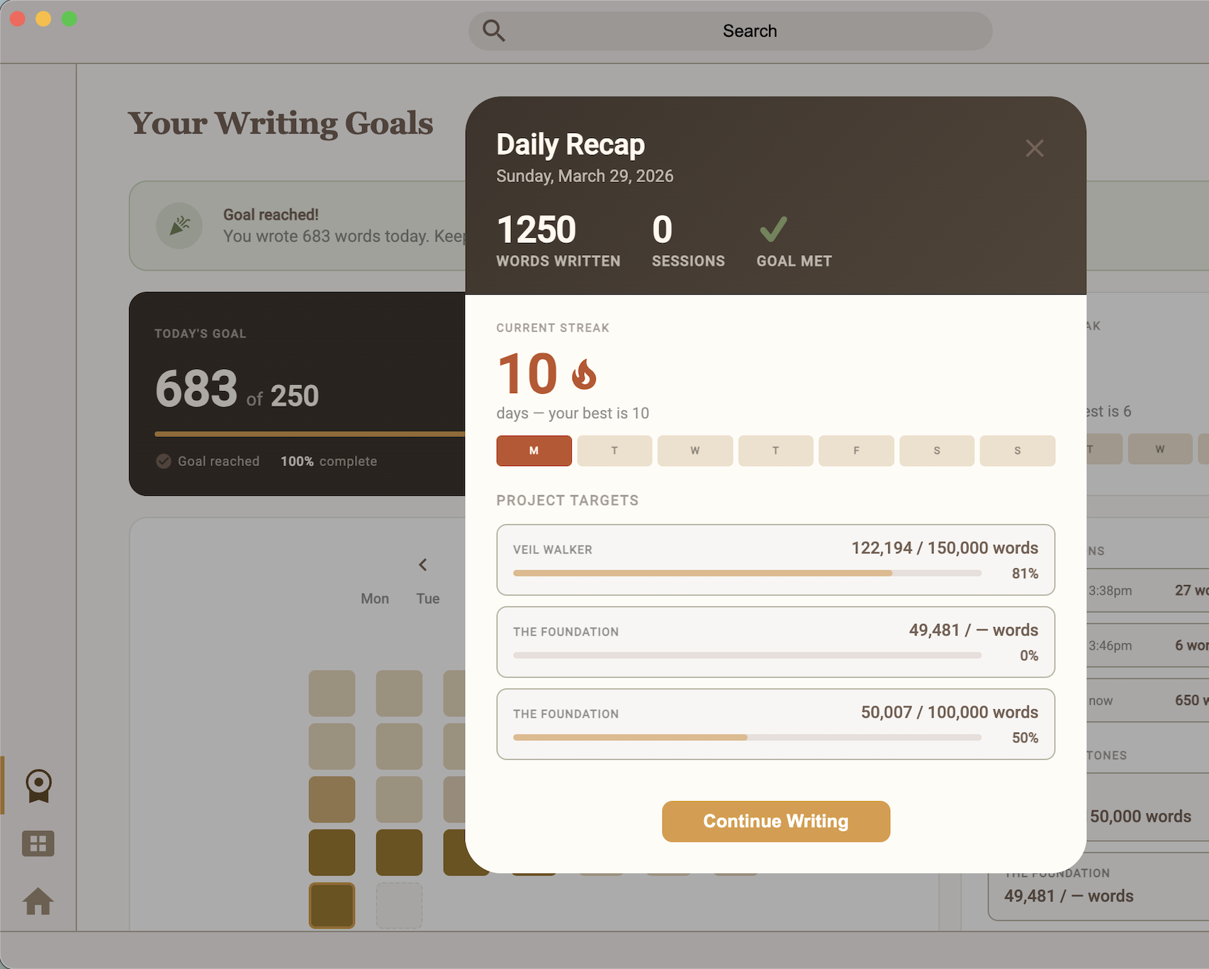 Word count goal tracker with progress bar, streak calendar, and milestone badges