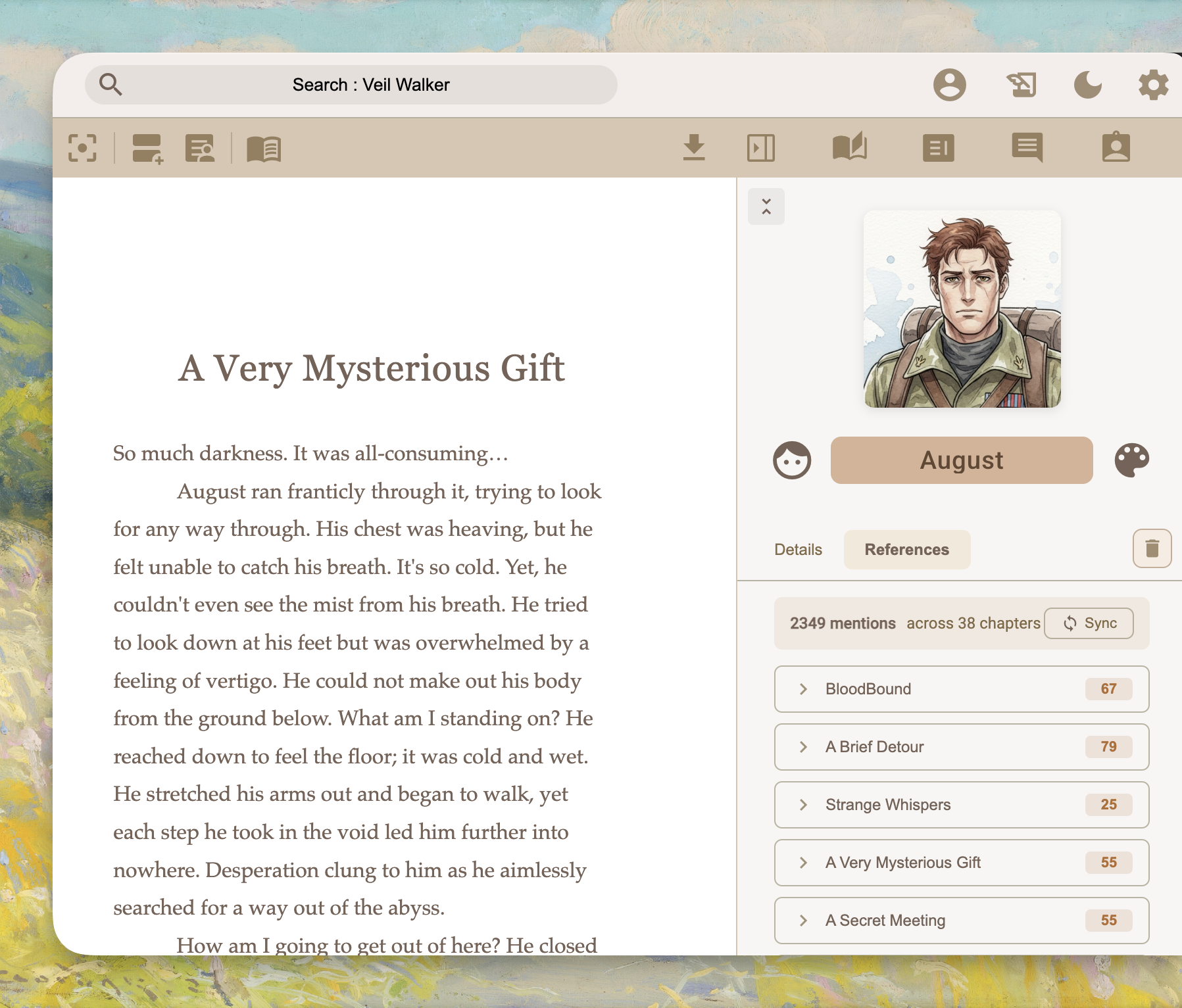 Story bible showing characters and locations with reference counts across chapters