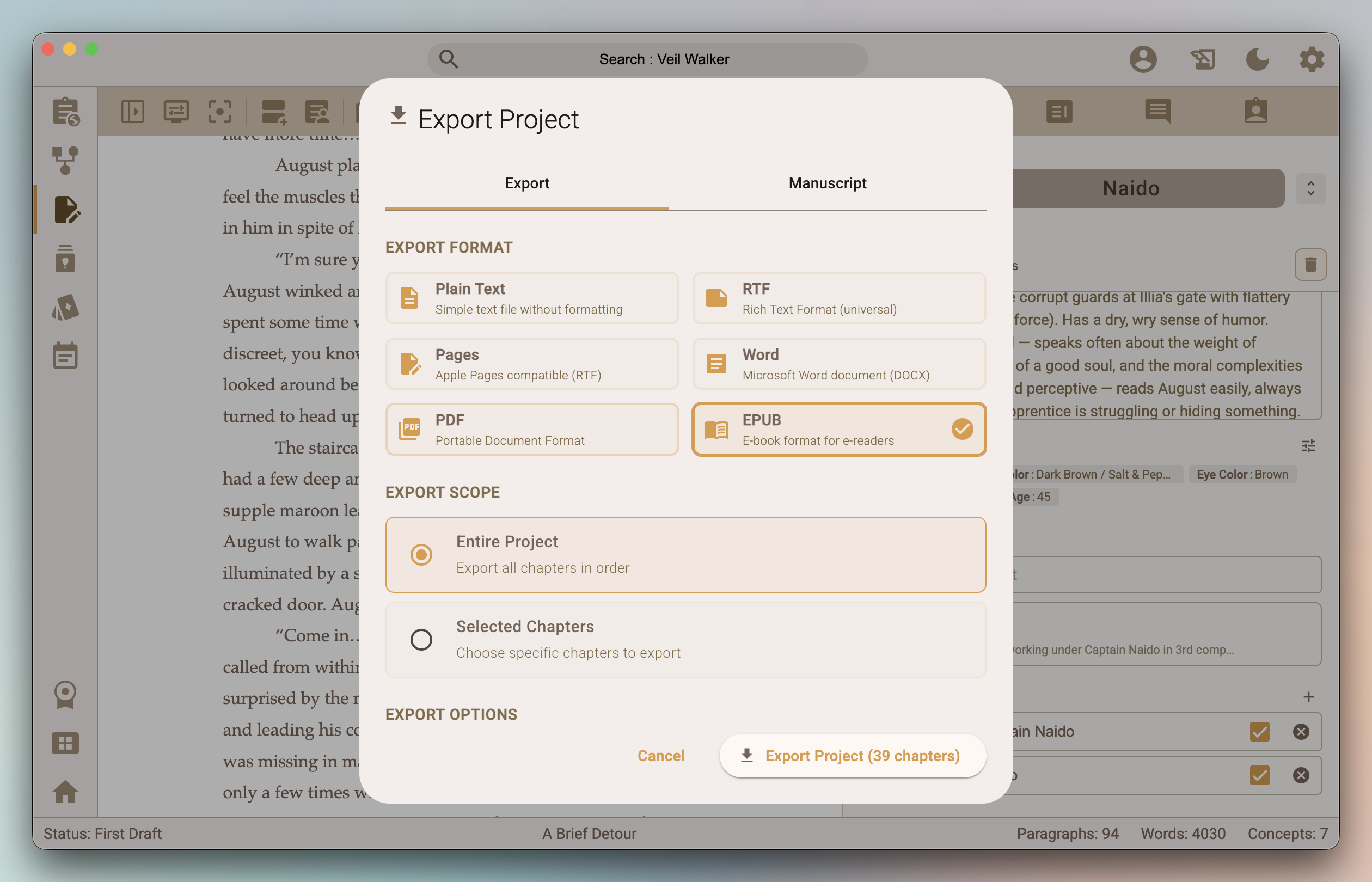 Export dialog showing ePub, DOCX, and PDF format options with manuscript preview