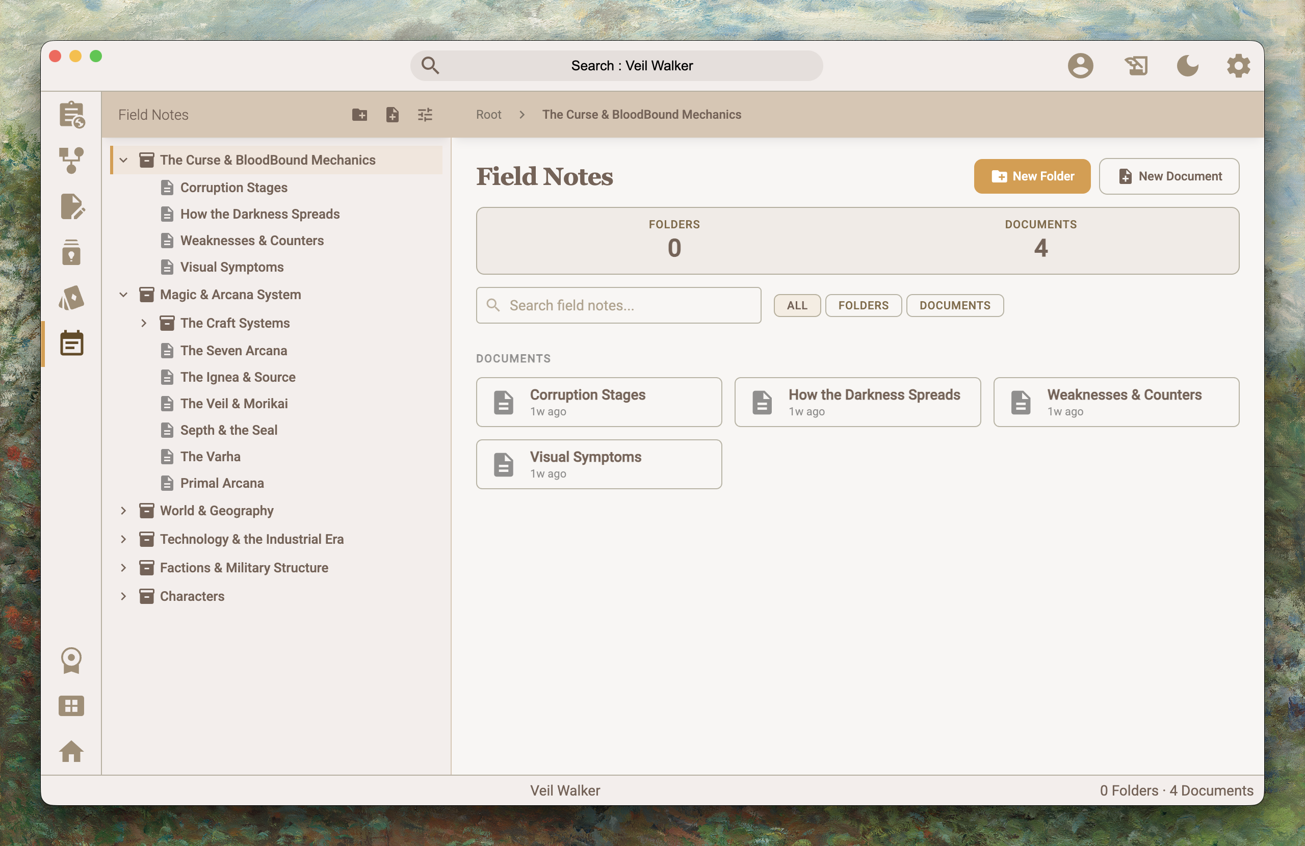 Research notes panel with chapter-linked notes and source references