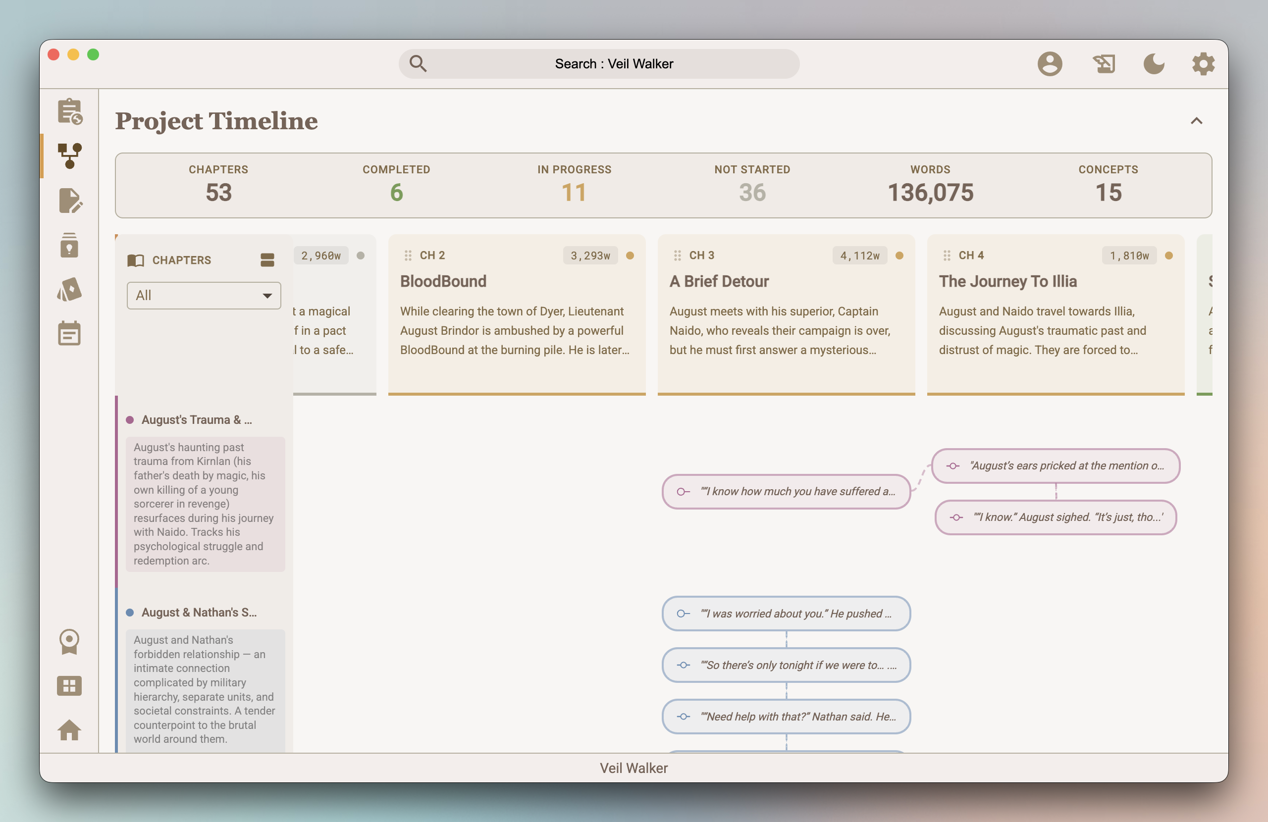Story timeline showing events, chapter markers, and multiple narrative strands